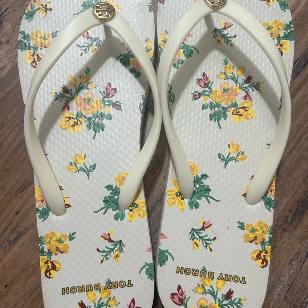 Tory Burch Cream Floral Logo Flip Flops
